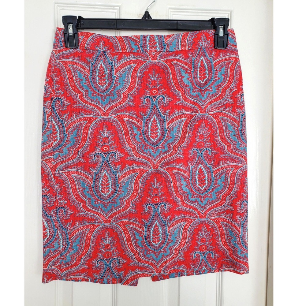 J.Crew‎ No. 2 Pencil Skirt Red Blue Paisley Print Cotton Stretch Office 4